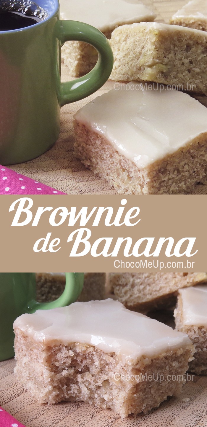 Receita de brownie de banana. Um bolo de banana denso e úmido com cobertura de açúcar de confeiteiro, muito fácil de fazer e bem saboroso. #receita #bolo #brownie #receitadebolo #banana #sobremesa #doce #receitafácil #receitarápida