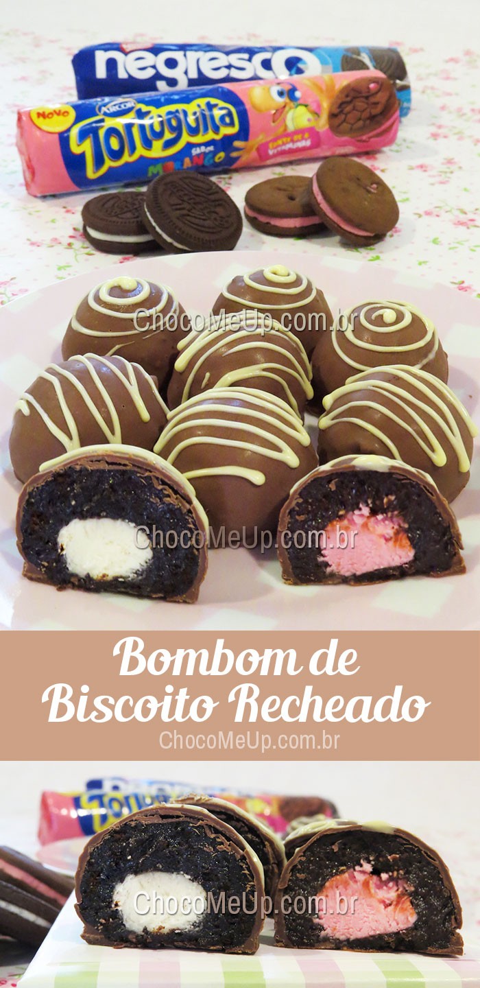 Receita de Bombom de Biscoito Recheado. Um doce de chocolate que tem sabor de infância, é super fácil de fazer e você pode usar os biscoitos recheados que preferir, como Oreo, Trakinas, Negresco, Chocolícia e outros.