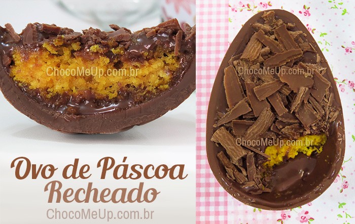 Receita de Ovo de Páscoa recheado com Bolo de Cenoura e Brigadeiro. Uma ótima idéia para a Páscoa, feito com chocolate nobre, bolo de cenoura fofinho e um brigadeiro de colher bem cremoso. #receita #páscoa #chocolate #ovodepáscoa #bolodecenoura #brigadeiro #doce #sobremesa